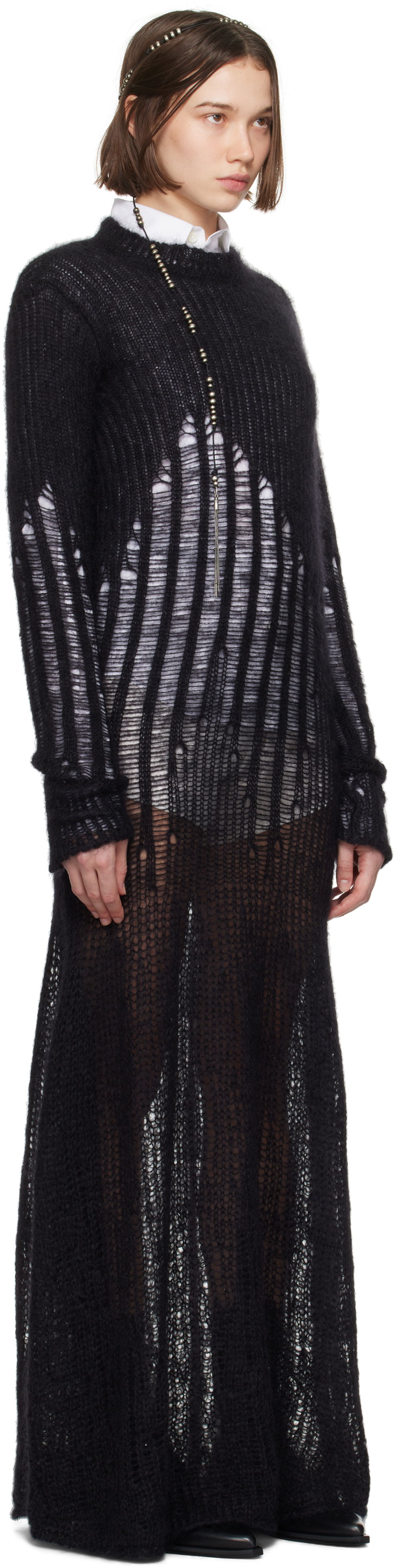 Obleke Ann Demeulemeester Ann Demeulemeester Paiva X-Long Distressed Maxi Dress Črna | 2402-W-KN08-KN044-099, 1