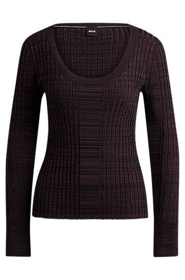 Pleteni pulover BOSS BOSS Scoop-Neck Ribbed Stretch Sweater Rjava | 50518357