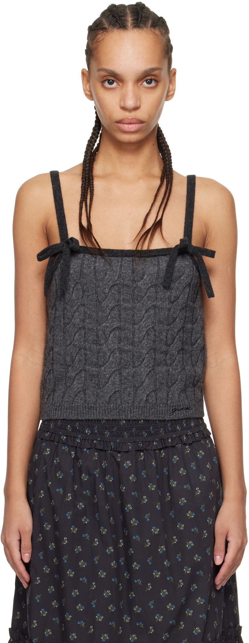 Majica brez rokavov GANNI Gray Cashmere Mix Strap Tank Top Črna | K2417