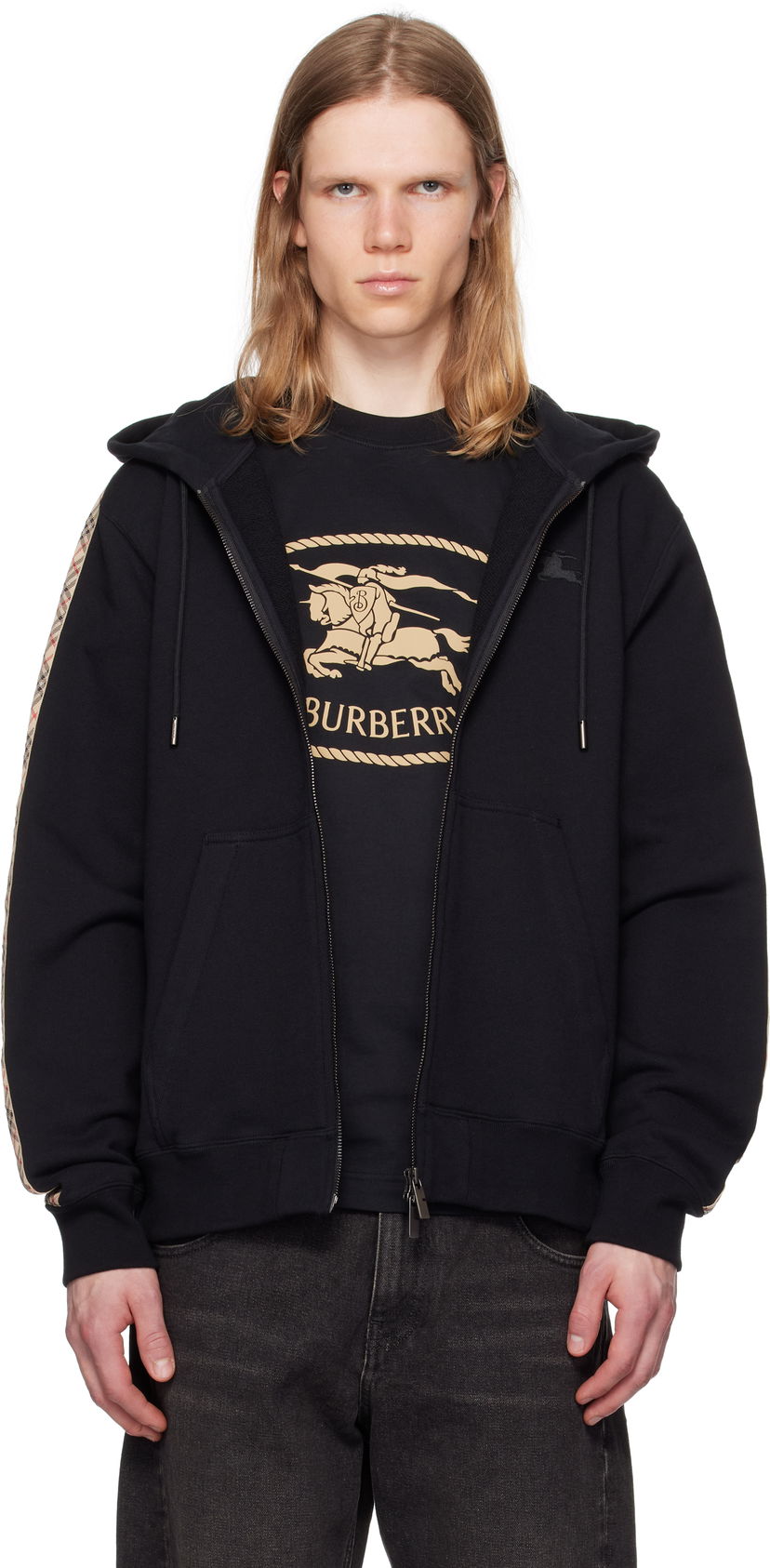 Pulover Burberry Burberry Check Trim Cotton Zip Hoodie Črna | 8110790