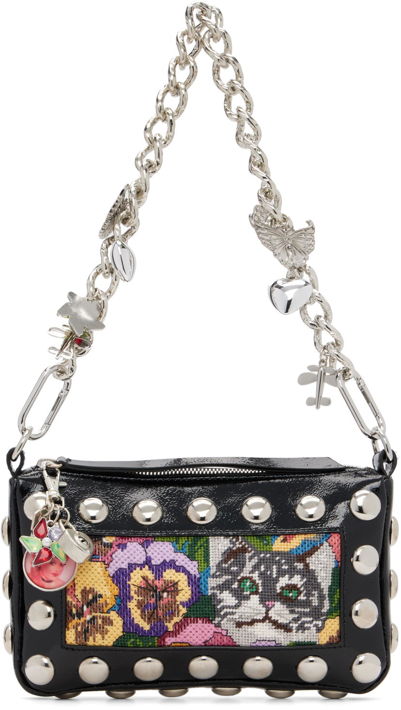 Torbica Chopova Lowena Fillie Studded Chain Charm Embroidered Pouch Bag Črna | 6453