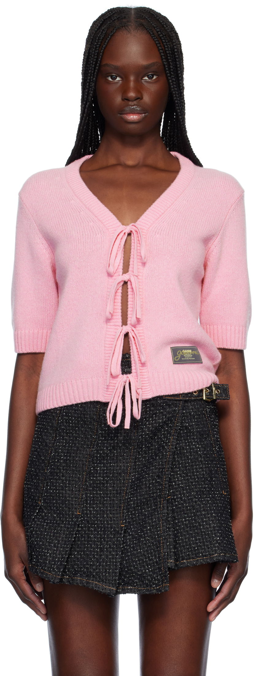 Pleteni pulover GANNI Ganni Future Wool Blend Tie-Front Cardigan Roza | K2478