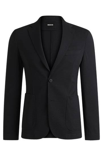 Jakna BOSS BOSS Slim-Fit Stretch Seersucker Suit Jacket Črna | 50540703