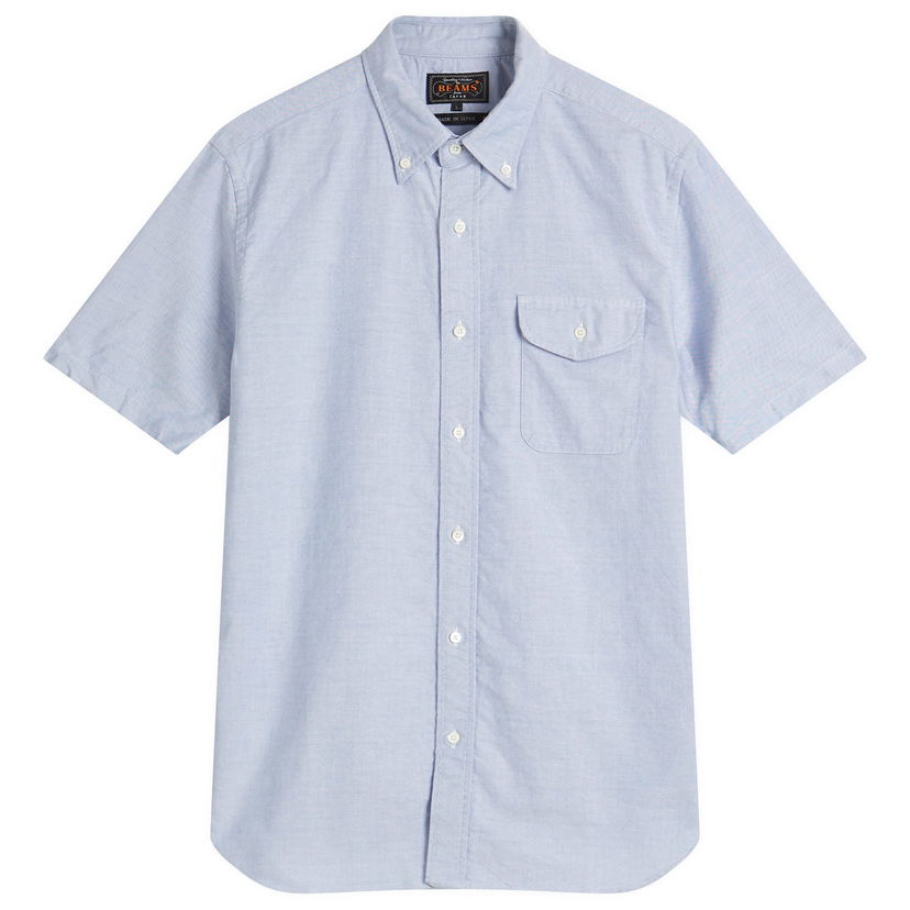 Srajce BEAMS Plus Button Down Short Sleeve Oxford Shirt, Size Medium Modra | 3801-0032-139-70