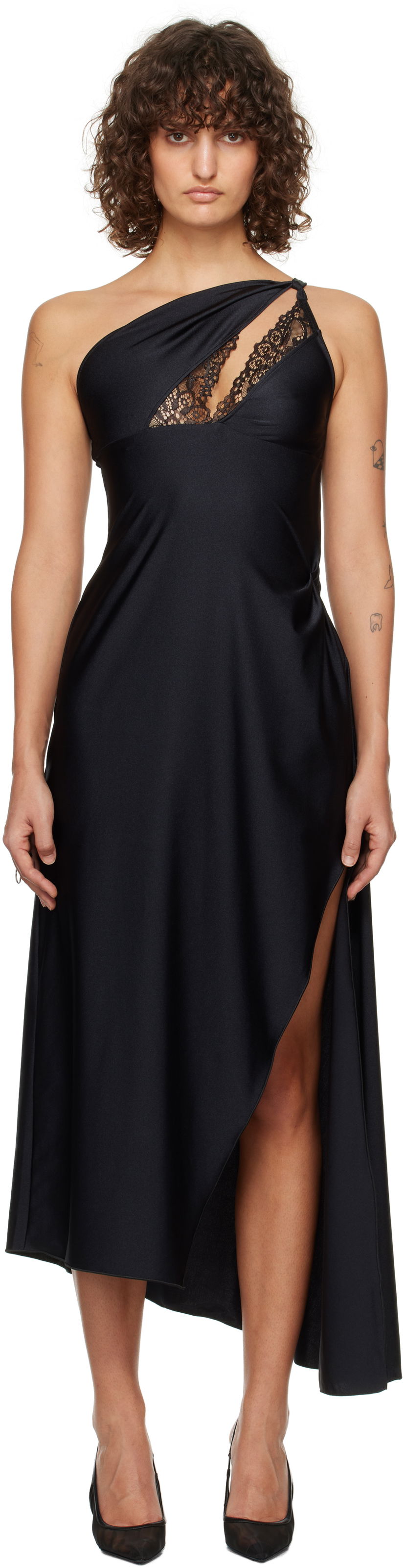 Obleke Coperni Asymmetric Lace Midi Dress Črna | COPR135545