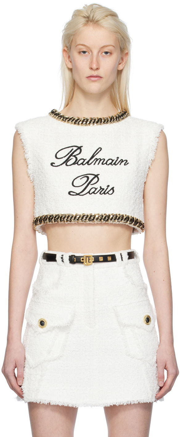 Majica brez rokavov Balmain Embroidered Tank Top Bela | CF1AI145CE79