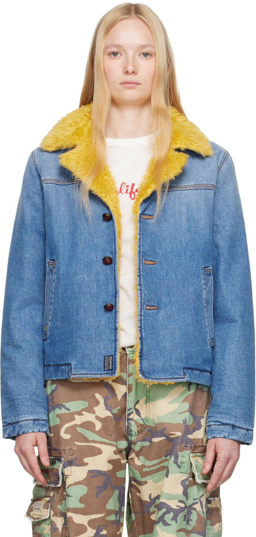 Plašči ERL ERL Venice Faux-Fur Trim Denim Jacket Modra | ERL10J002