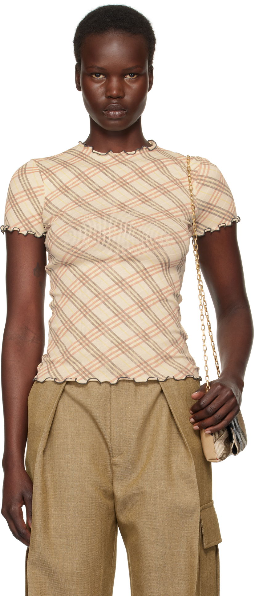 Majica Burberry Check Stretch Cotton T-Shirt Bež | 8101025