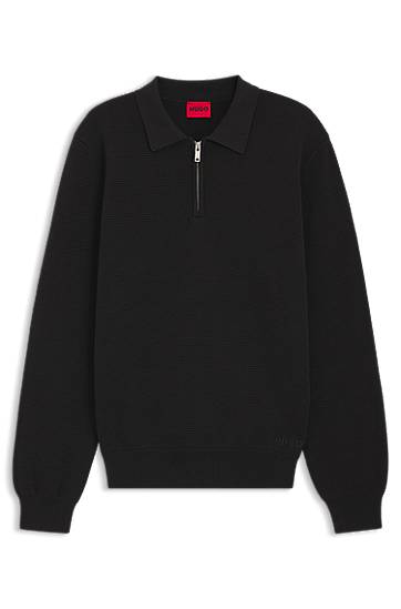 Pleteni pulover BOSS Zip-neck knit polo in interlock cotton Črna | 50546871