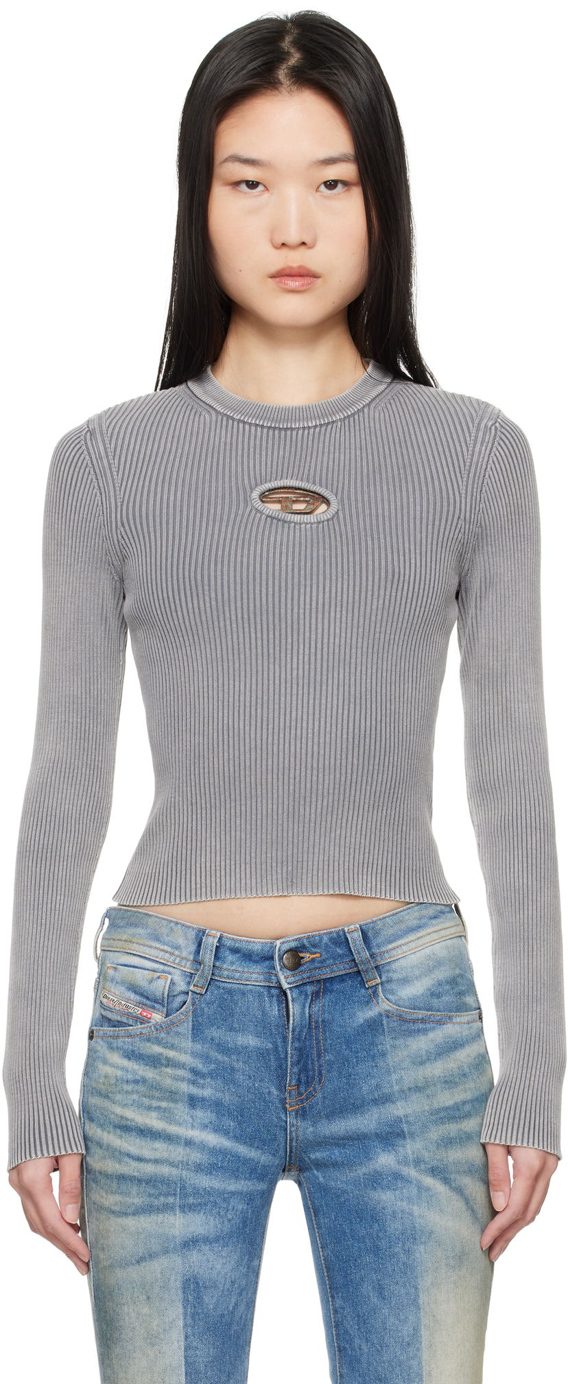 Krop-top Diesel Cutout Ribbed Sweater Siva | A16735 0DBDI