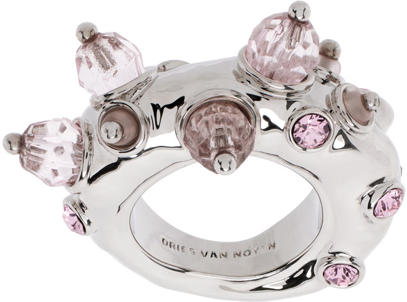 Prstan Dries Van Noten Silver & Pink Beaded Ring Siva | 242-018231-055
