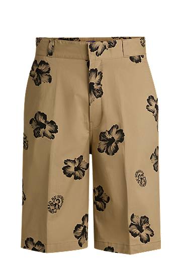 Kratke hlače BOSS Baggy-Fit Hibiscus-Print Stretch-Cotton Twill Shorts Bež | 50542159