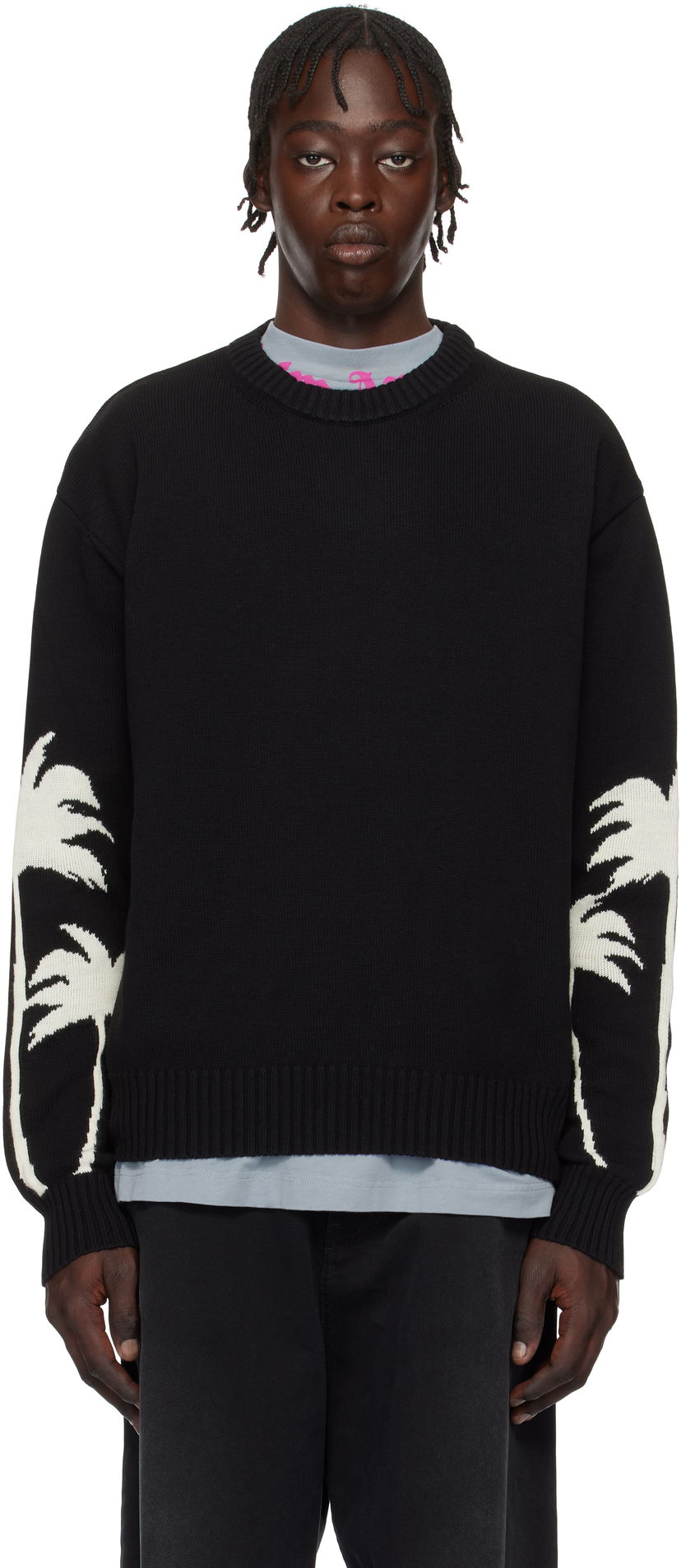 Pleteni pulover Palm Angels Palms Knit Sweater Črna | PMHE081S25KNI0011003