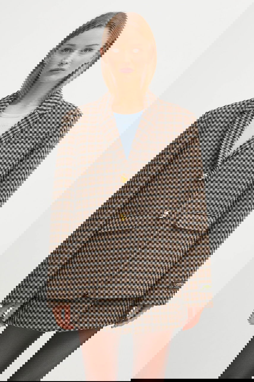 Jakna GANNI GANNI Check Wool Mix Oversized Blazer Rjava | W0426, 0