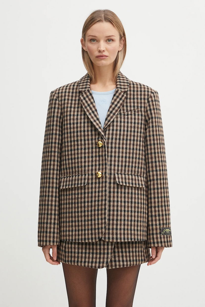 Jakna GANNI GANNI Check Wool Mix Oversized Blazer Rjava | W0426