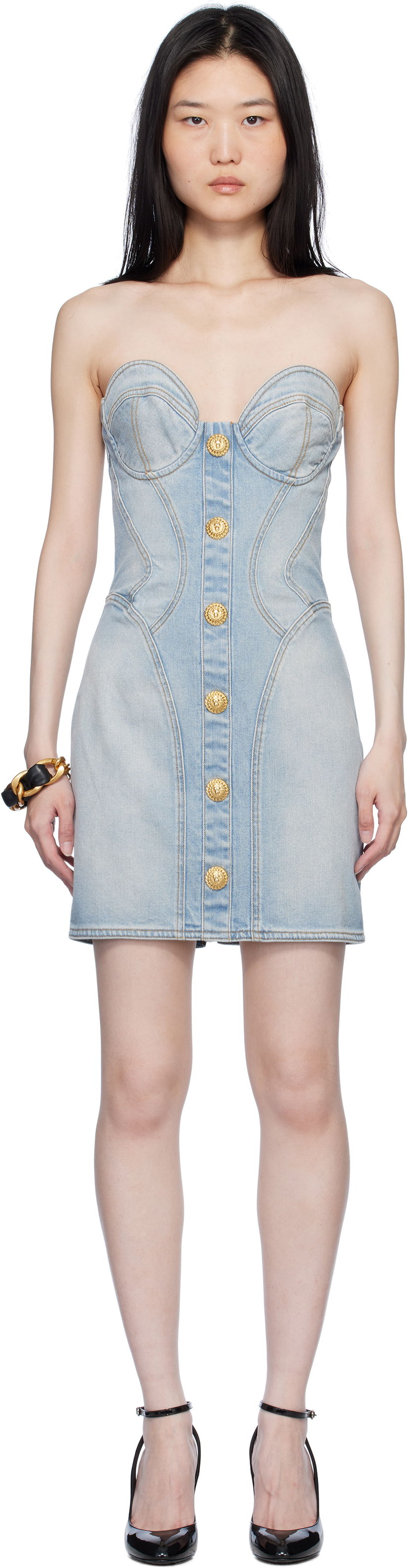 Obleke Balmain Buttoned Denim Minidress Modra | EF1R1315DF23