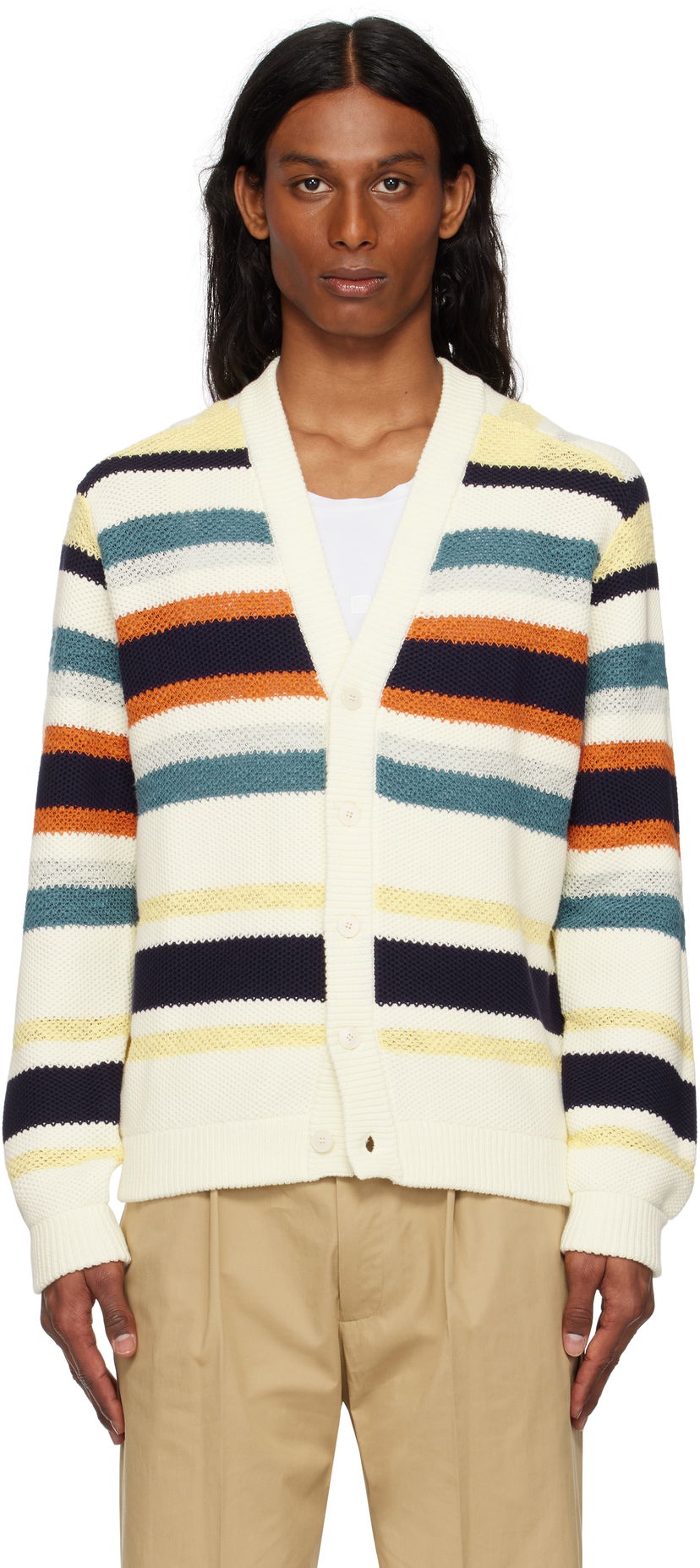 Pleteni pulover MAISON KITSUNÉ Maison Kitsuné Comfort Striped Knit Cardigan Bela | OM00506KT1129