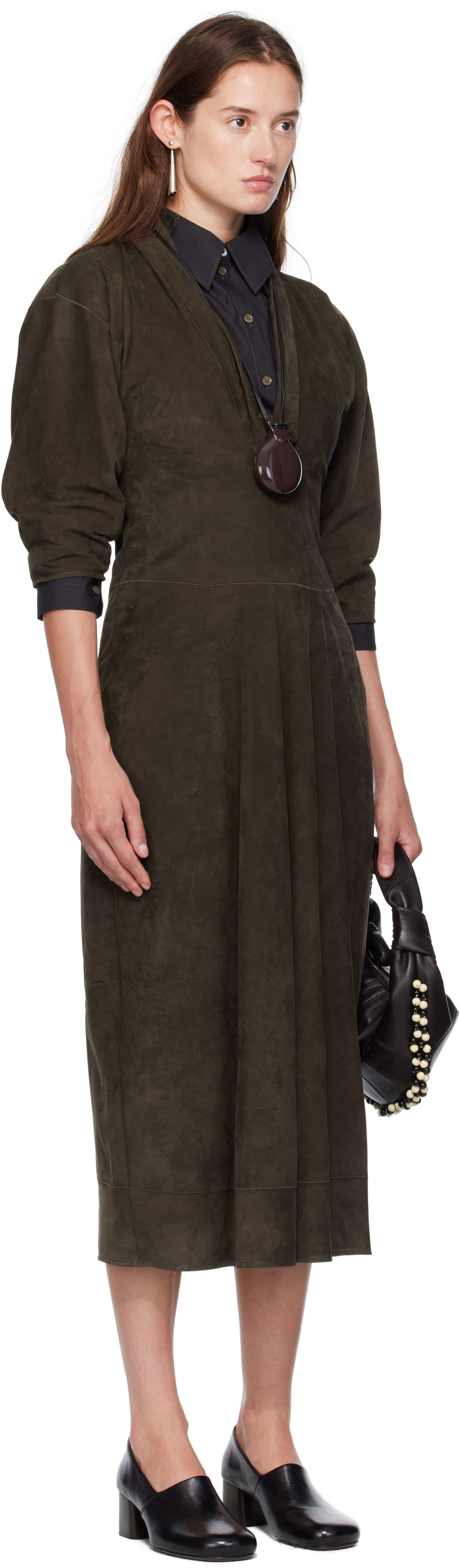 Obleke LEMAIRE Lemaire V-Neck Nubuck Midi Dress Zelena | DR1122 LL0148, 1