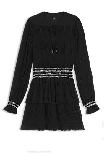 Obleke BOSS Smock-Stitched Waistband Plissé Dress Črna | 50544042