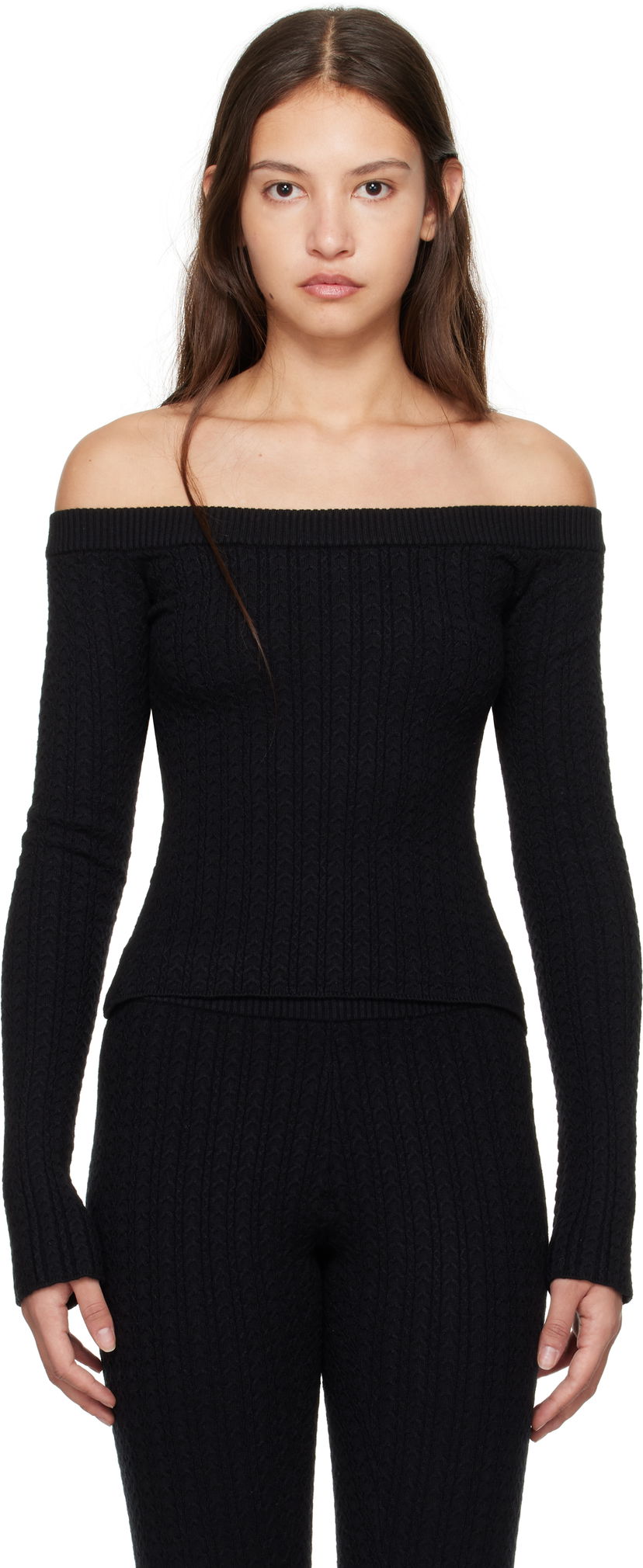 Pleteni pulover GUIZIO Guizio Mia Off-the-Shoulder Knit Top Črna | H24107S047