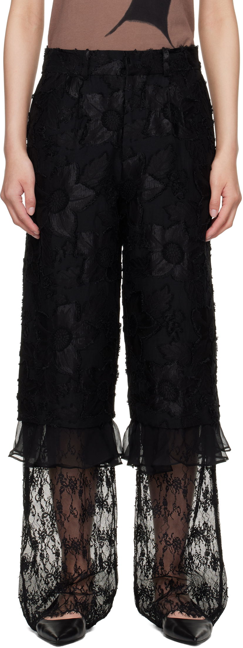 Hlače Collina Strada Collina Strada Geranium Lace-Trim Trousers Črna | XX6047