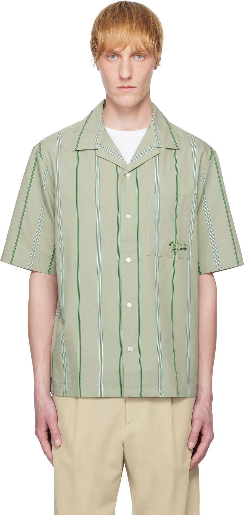 Srajce MAISON KITSUNÉ Maison Kitsuné Resort Striped Shirt Zelena | OM00421WC5029