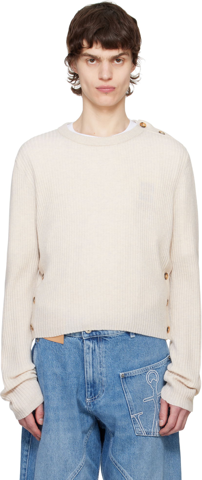 Pleteni pulover JW Anderson JW Anderson Cropped Button Trim Sweater Bež | KW1324-YN0411
