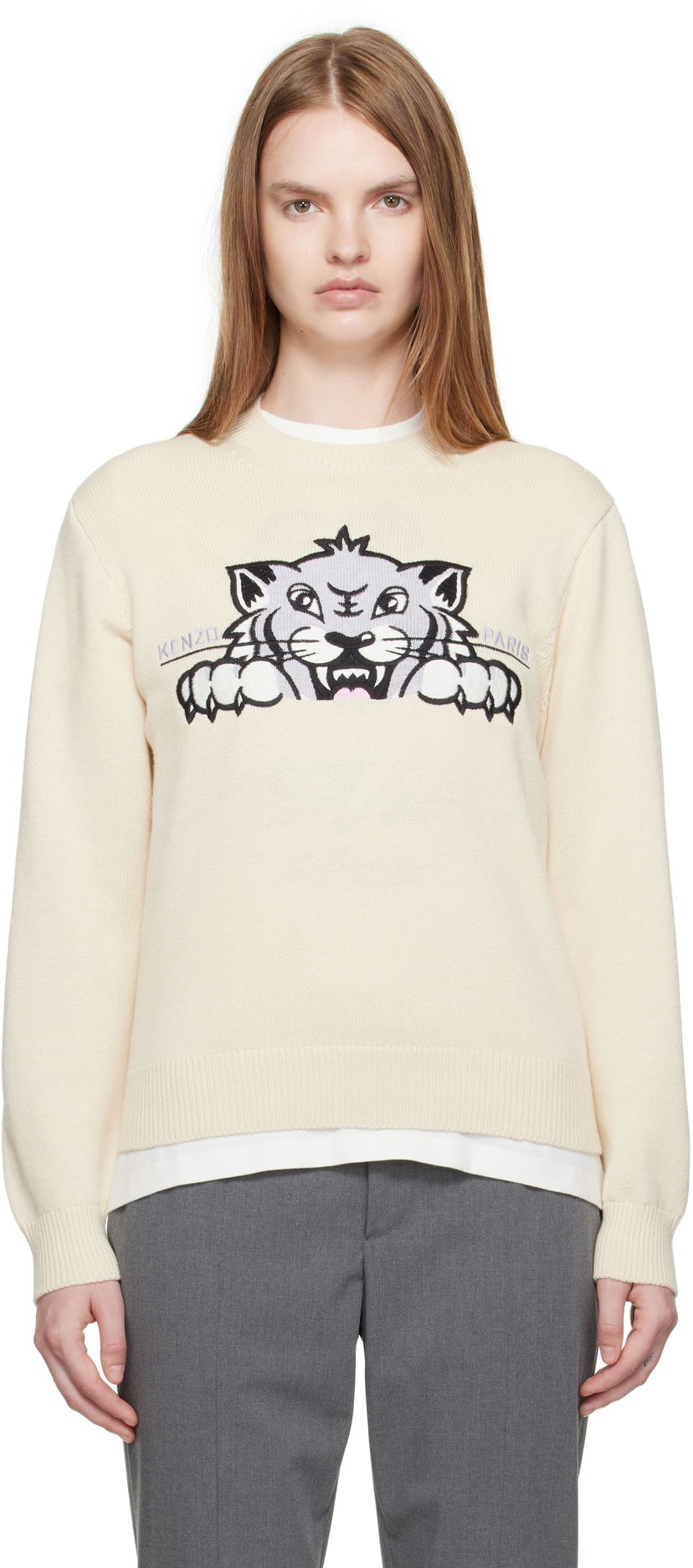 Pleteni pulover KENZO Kenzo Paris 'KENZO Happy Tiger' Sweater Bež | FF62PU7233LI