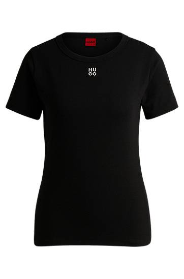 Majica BOSS HUGO Cotton-Blend T-Shirt with Stacked-Logo Embroidery Črna | 50512002