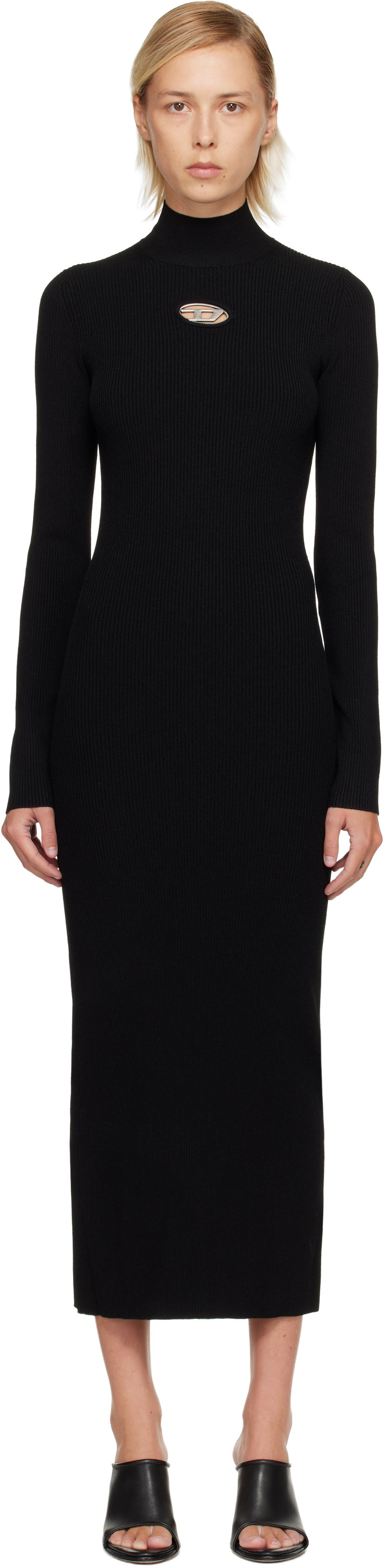 Obleke Diesel Ribbed knit long-sleeve mock neck maxi dress with metallic cut-out Črna | A14186 0DLAX