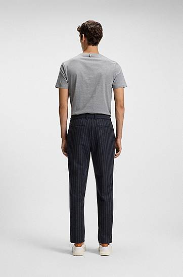 Hlače BOSS Tapered-fit Pinstripe Trousers with Drawstring in Brushed Stretch Flannel Mornarica | 50551518, 1