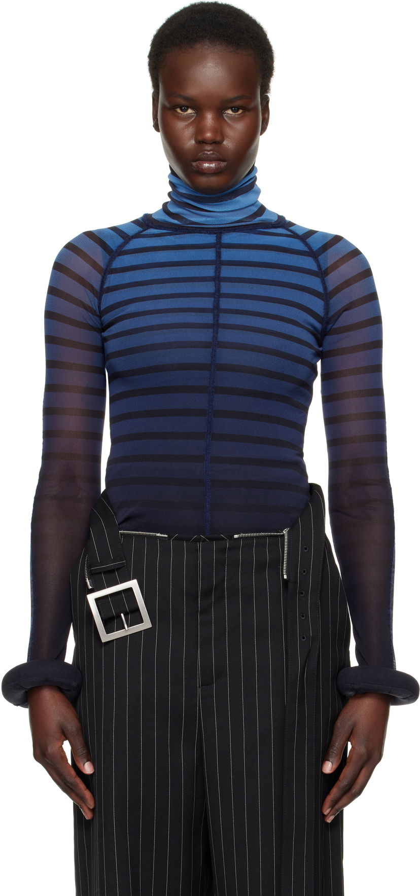 Pleteni pulover Jean Paul Gaultier Jean Paul Gaultier 'The 3D Striped' Turtleneck Top Modra | 25/33-F-TO235-T575-005956