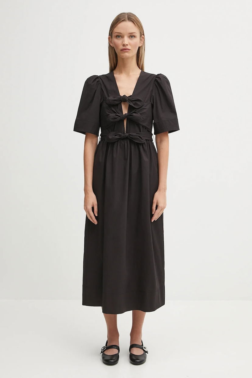 Obleke GANNI GANNI Stretch Cotton Tie Strap Midi Dress Črna | W0842