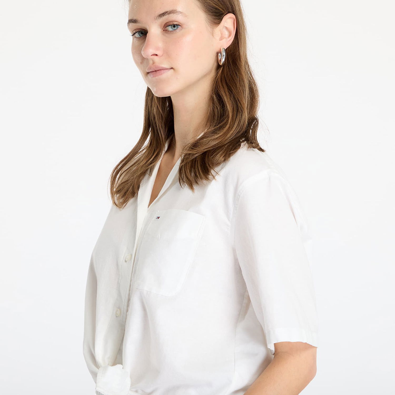 Srajce Tommy Hilfiger Tommy Jeans Women's Cropped Linen Short Sleeve Shirt Bela | DW0DW20286 YBL, 1