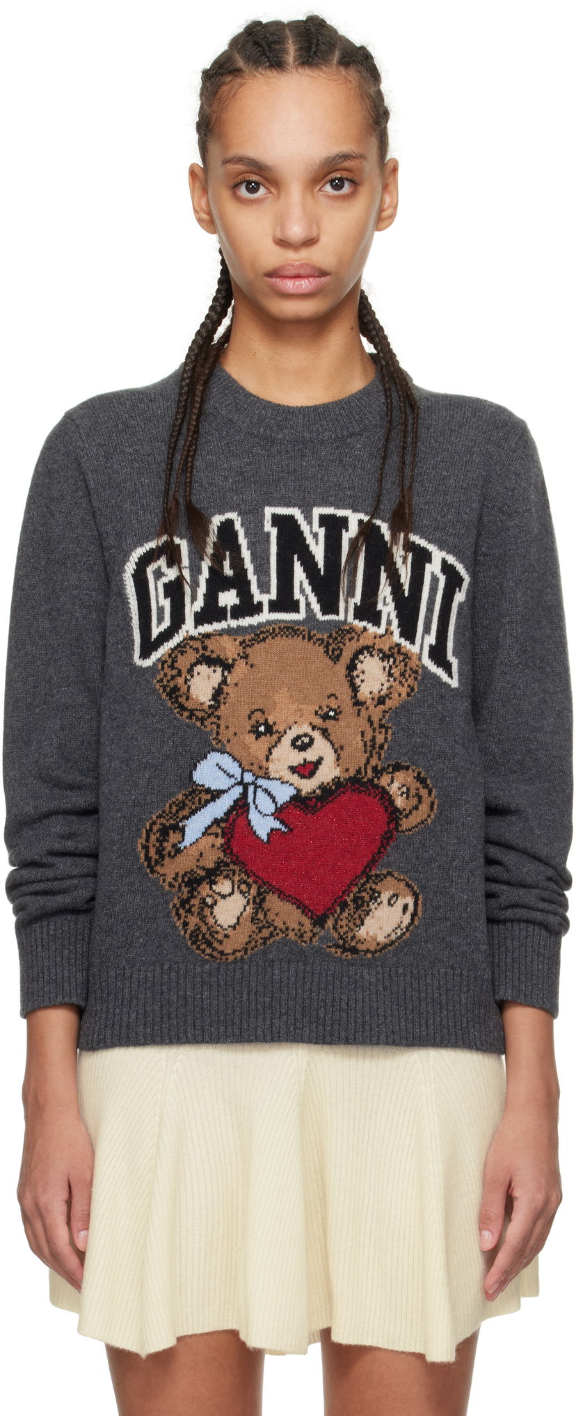 Pleteni pulover GANNI GANNI Graphic Bear Sweater Siva | K2370