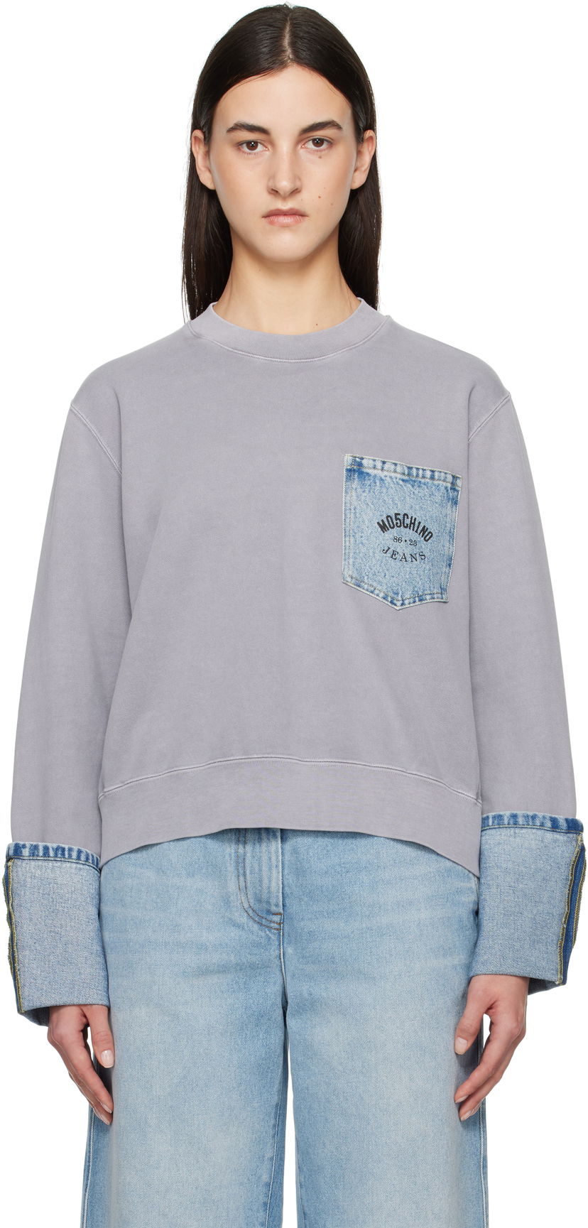 Pleteni pulover Moschino Moschino Jeans Denim Detail Sweatshirt Siva | 251K11709