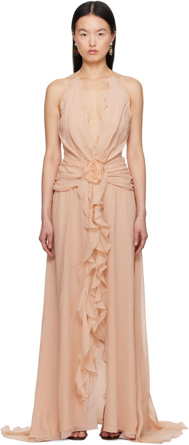 Obleke Blumarine Blumarine Georgette Maxi Dress with Ruffle Detail Bež | P522A568A, 0