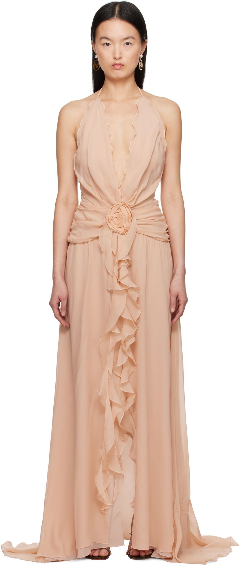 Obleke Blumarine Blumarine Georgette Maxi Dress with Ruffle Detail Bež | P522A568A