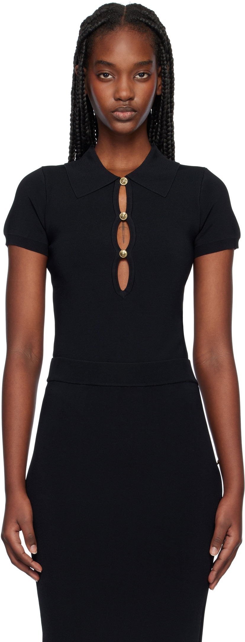 Polo majica Versace Spread Collar Bodysuit Črna | E77HAFMB2_ECM61H