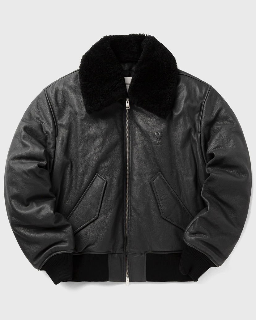 Bomber jakna AMI Leather Bomber Jacket with Shearling Collar Črna | HJK857.LH0044-020