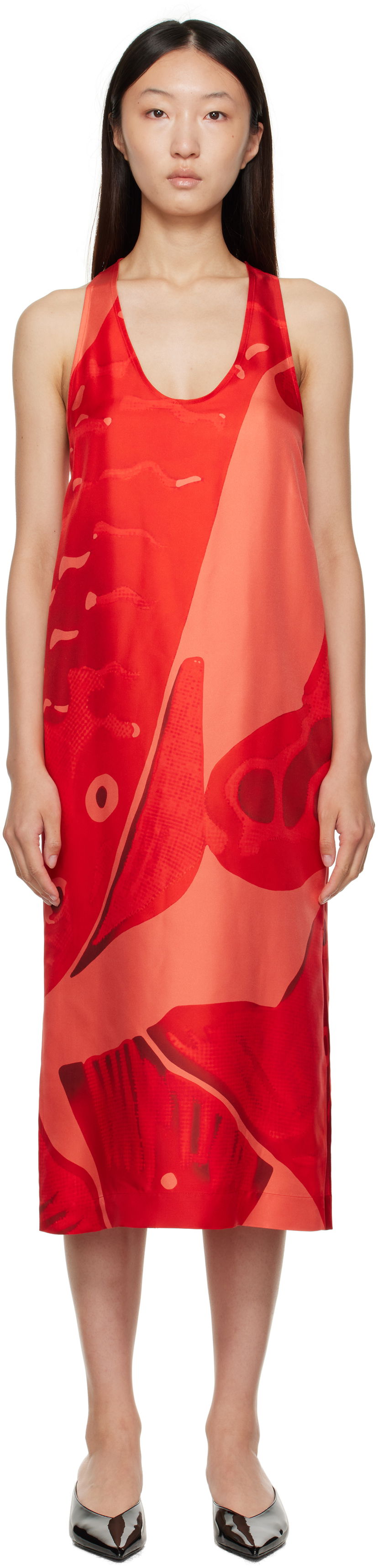 Obleke FERRAGAMO Ferragamo Fish Print Silk Maxi Dress Rdeča | 783737