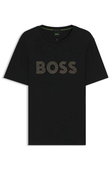 Majica BOSS Pima-Cotton T-Shirt with Gloss BOSS Logo Črna | 50543796