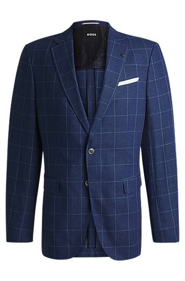Jakna BOSS BOSS Slim-Fit Checked Linen-Blend Jacket Modra | 50540502, 0
