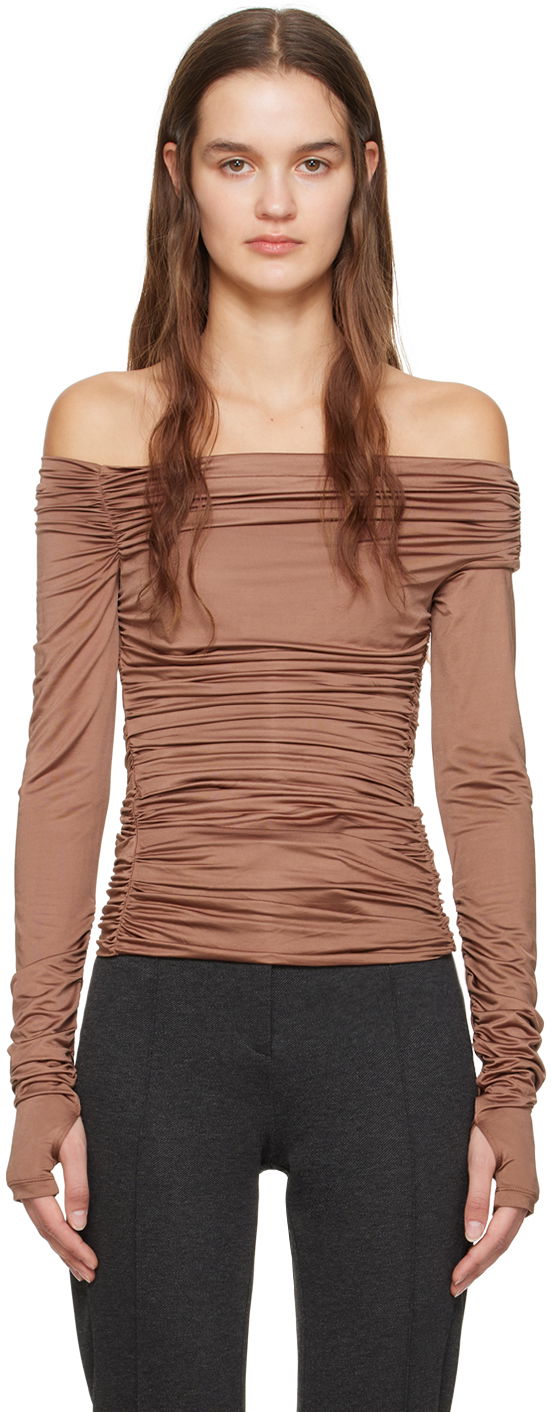 Majica Helmut Lang Ruched Long Sleeve Top Rjava | N10HW513