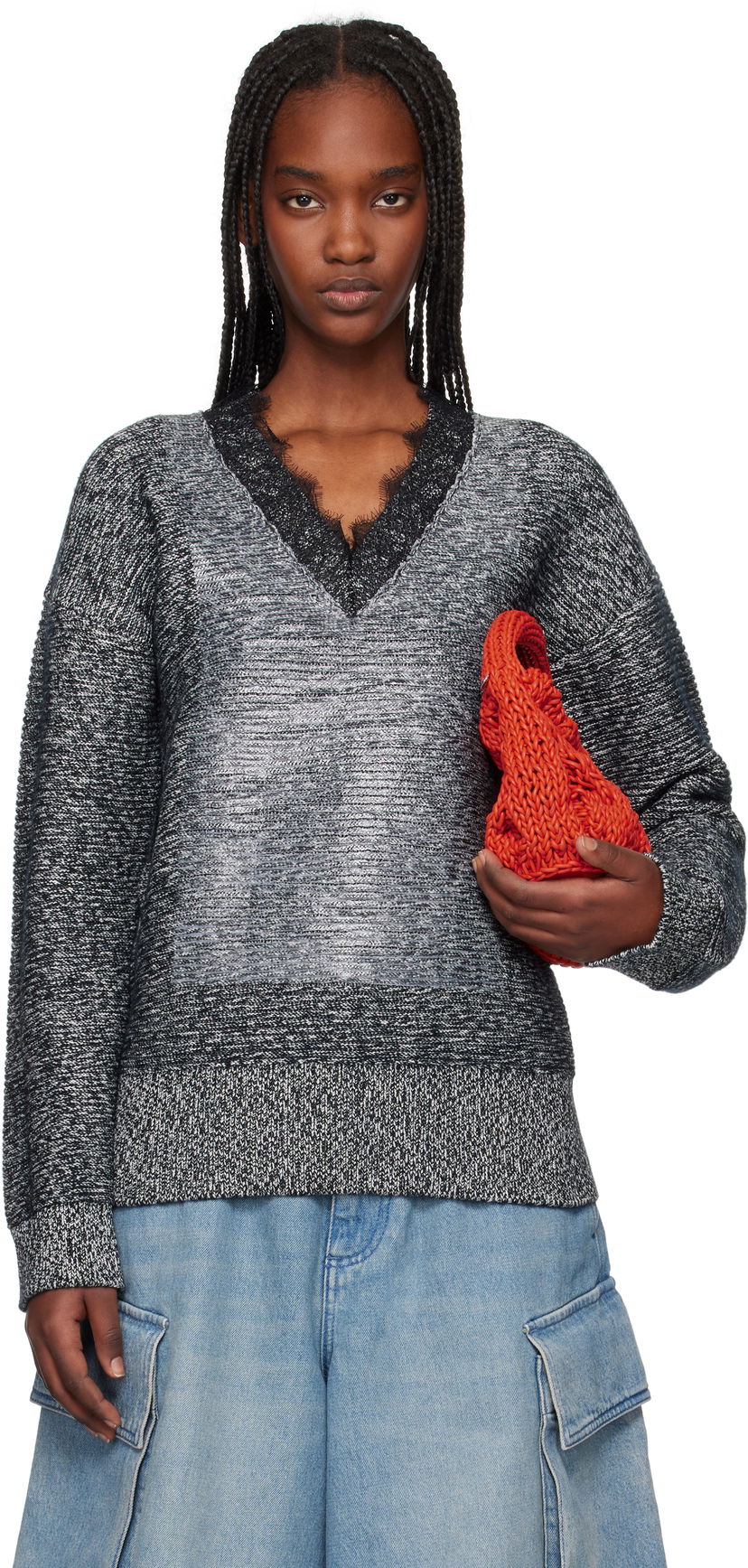 Pleteni pulover JW Anderson JW Anderson V-Neck Lace Trim Sweater Siva | KW1400-YN0402