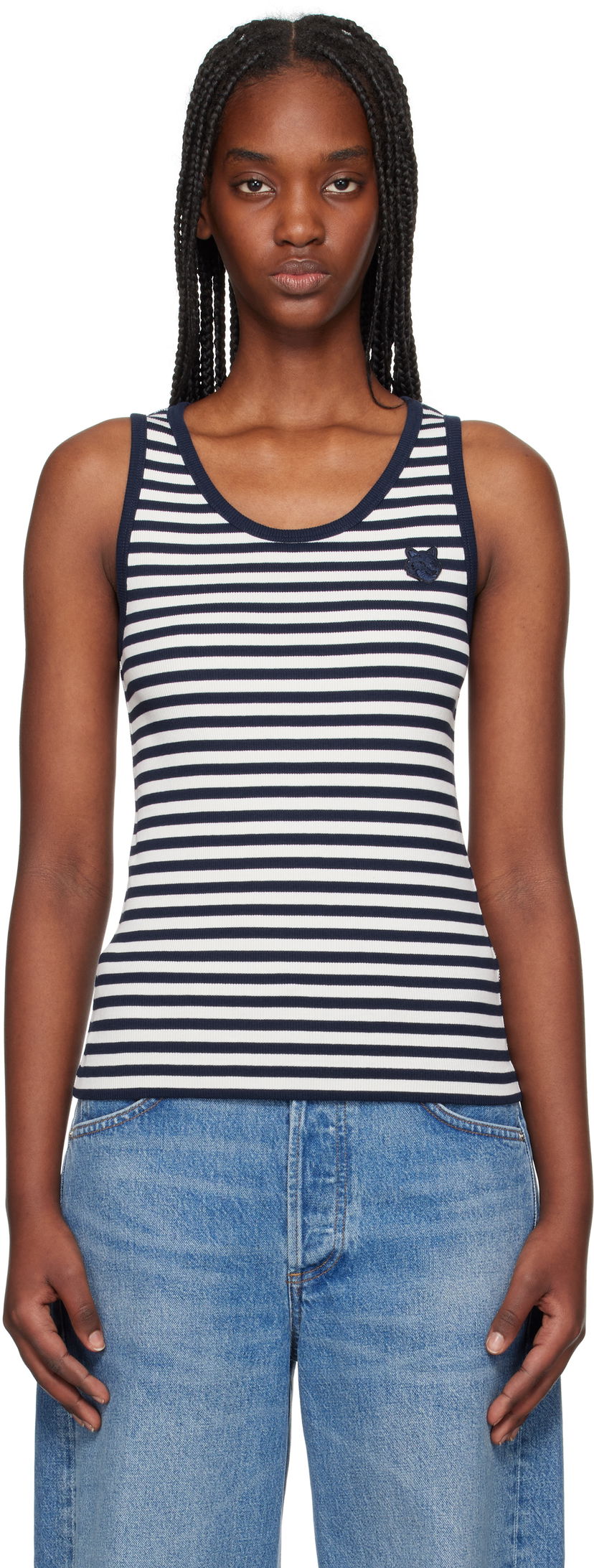Majica brez rokavov MAISON KITSUNÉ Maison Kitsuné Fox Patch Striped Ribbed Tank Top Bela | OW00609KA0028