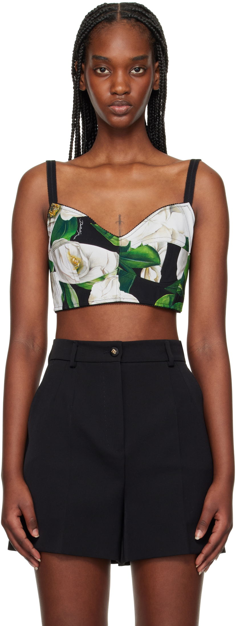 Krop-top Dolce & Gabbana Dolce&Gabbana Gardenia Print Crop Tank Top Črna | F7T18T FSSK2