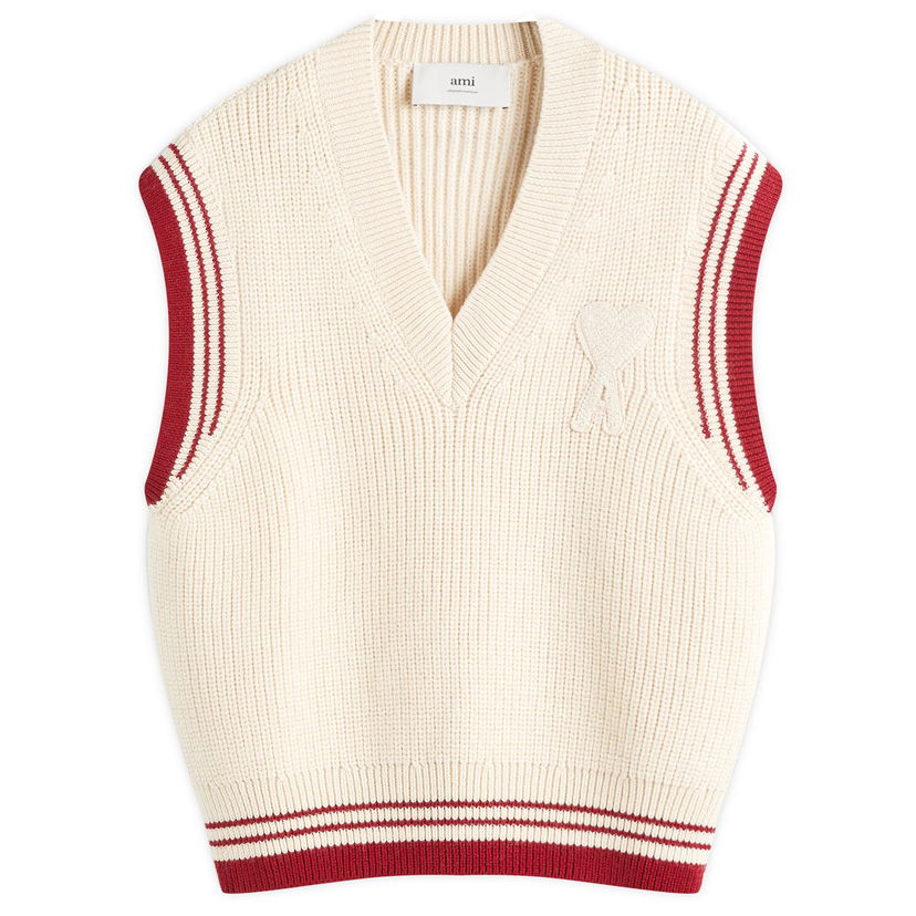 Pleteni pulover AMI AMI Paris Men's Ribbed Knit College Vest Bež | UKS768-KN0068-136