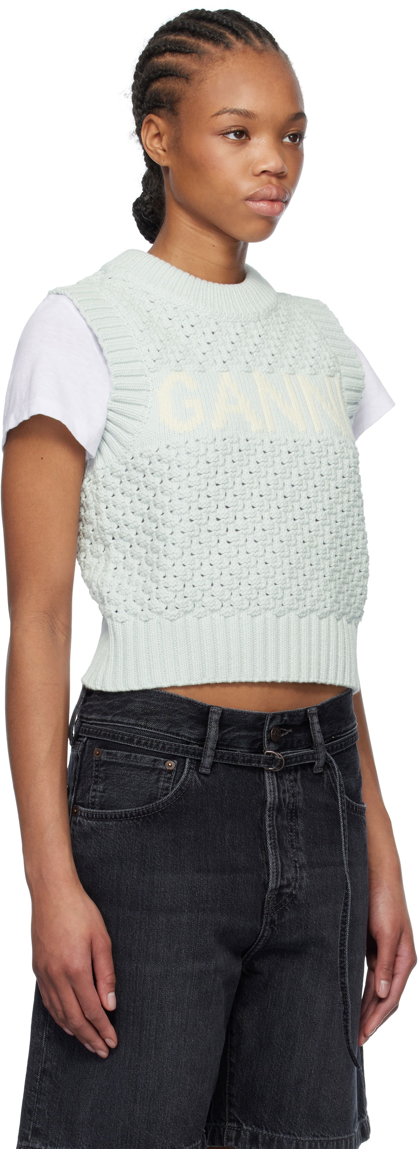 Pleteni pulover GANNI GANNI Textured Cotton Knit Vest Zelena | K2348, 1
