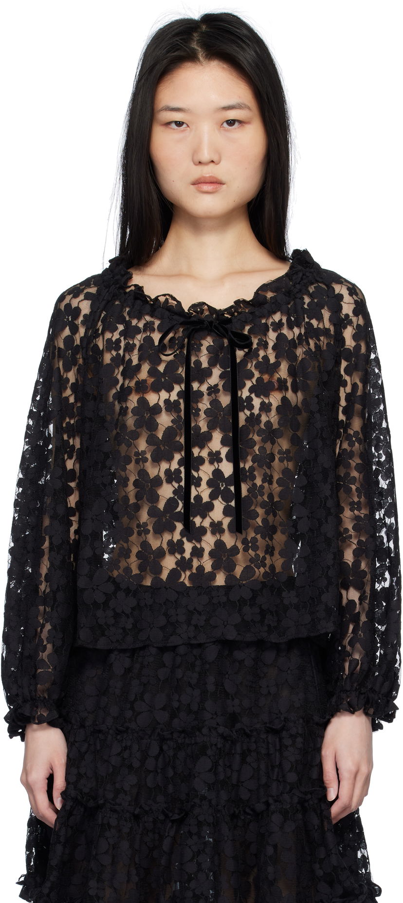 Majica Anna Sui Shadow Blossom Elastic Lace Blouse Črna | 1025M20